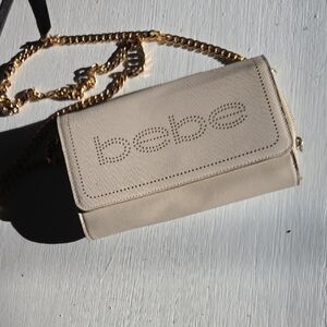 Bebe Beige Crossbody Bag with Gold Chain